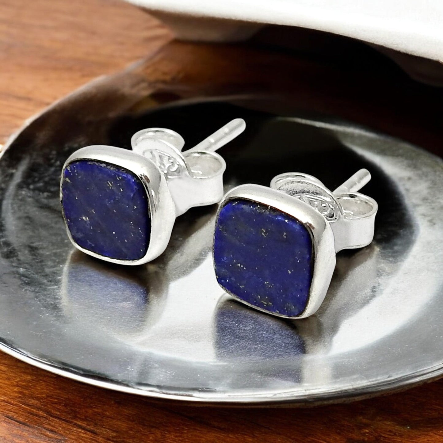 6mm Square Lapis Lazuli Gemstone 925 Sterling Silver Handmade Stud Earrings
