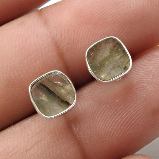 6mm Square Labradorite Gemstone 925 Sterling Silver Stud Earrings