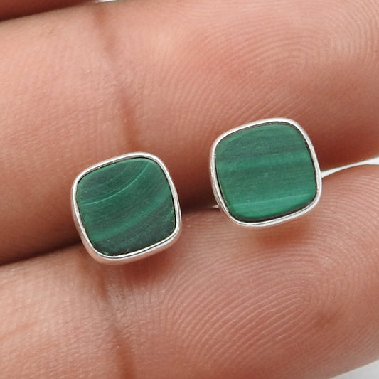 6mm Square Malachite Gemstone 925 Sterling Silver Handmade Stud Earrings
