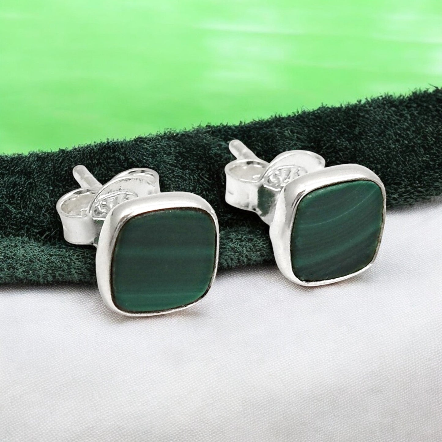 6mm Square Malachite Gemstone 925 Sterling Silver Handmade Stud Earrings