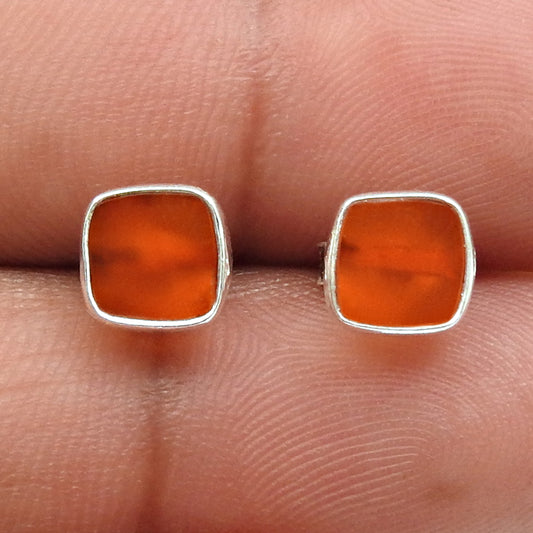 6mm Square Carnelian 925 Sterling Silver Bezel Stud Earrings
