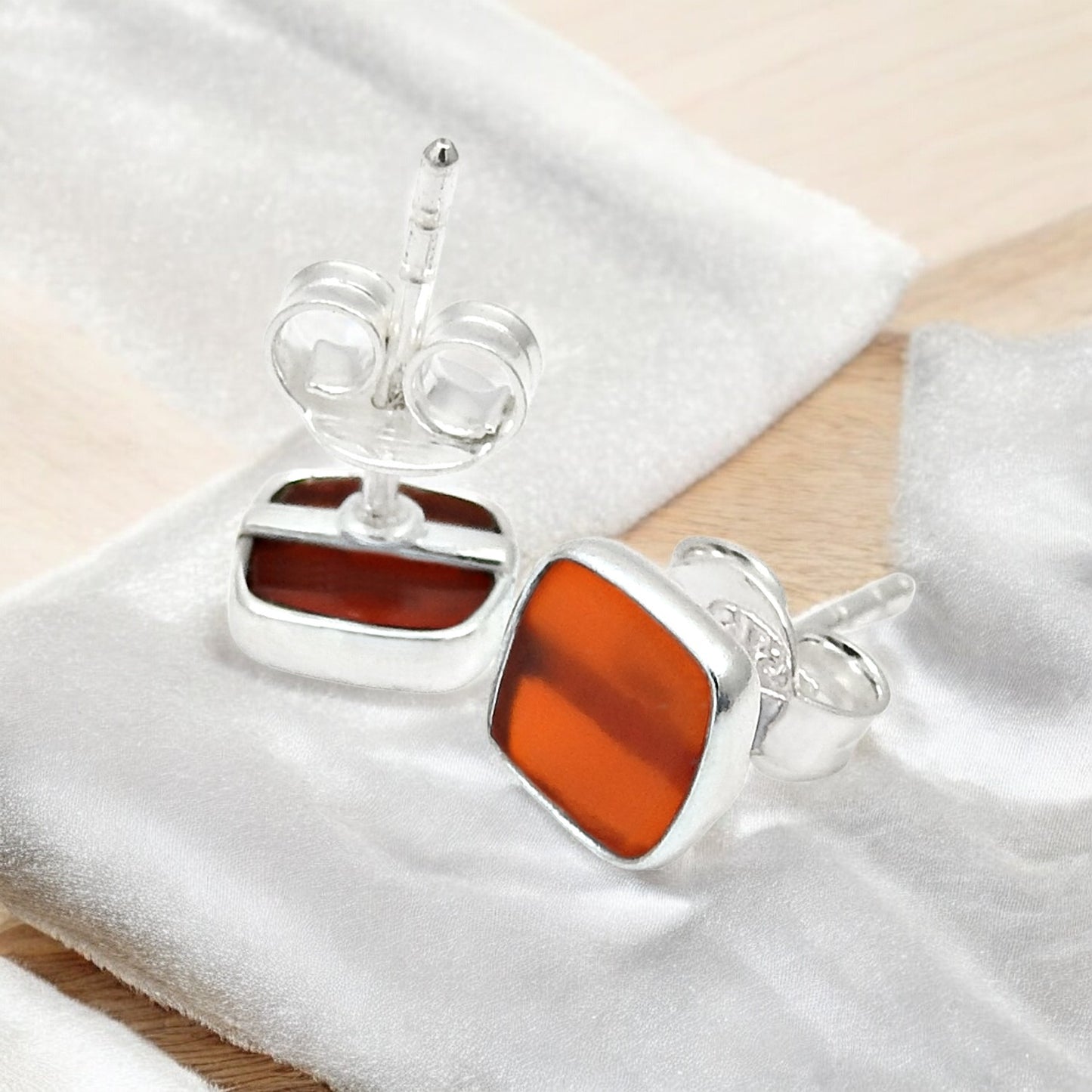 6mm Square Carnelian 925 Sterling Silver Bezel Stud Earrings