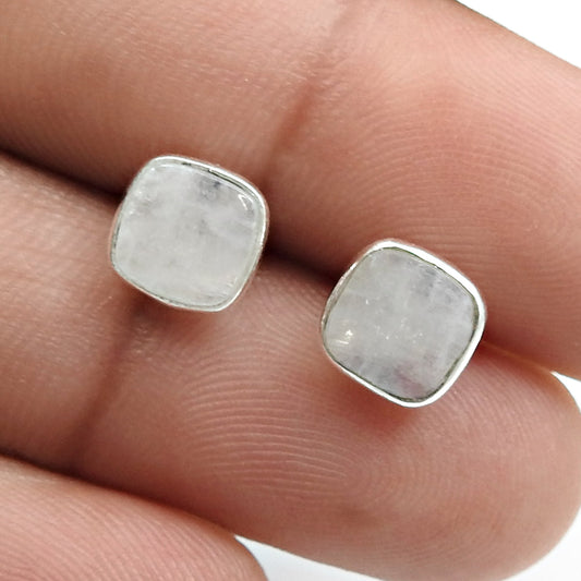 6mm Square Rainbow Moonstone 925 Sterling Silver Bezel Stud Earrings Jewelry