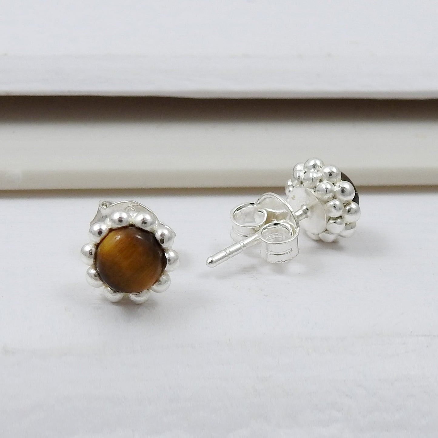 Natural Tiger Eye Gemstone 925 Sterling Silver Minimalist Stud Earrings