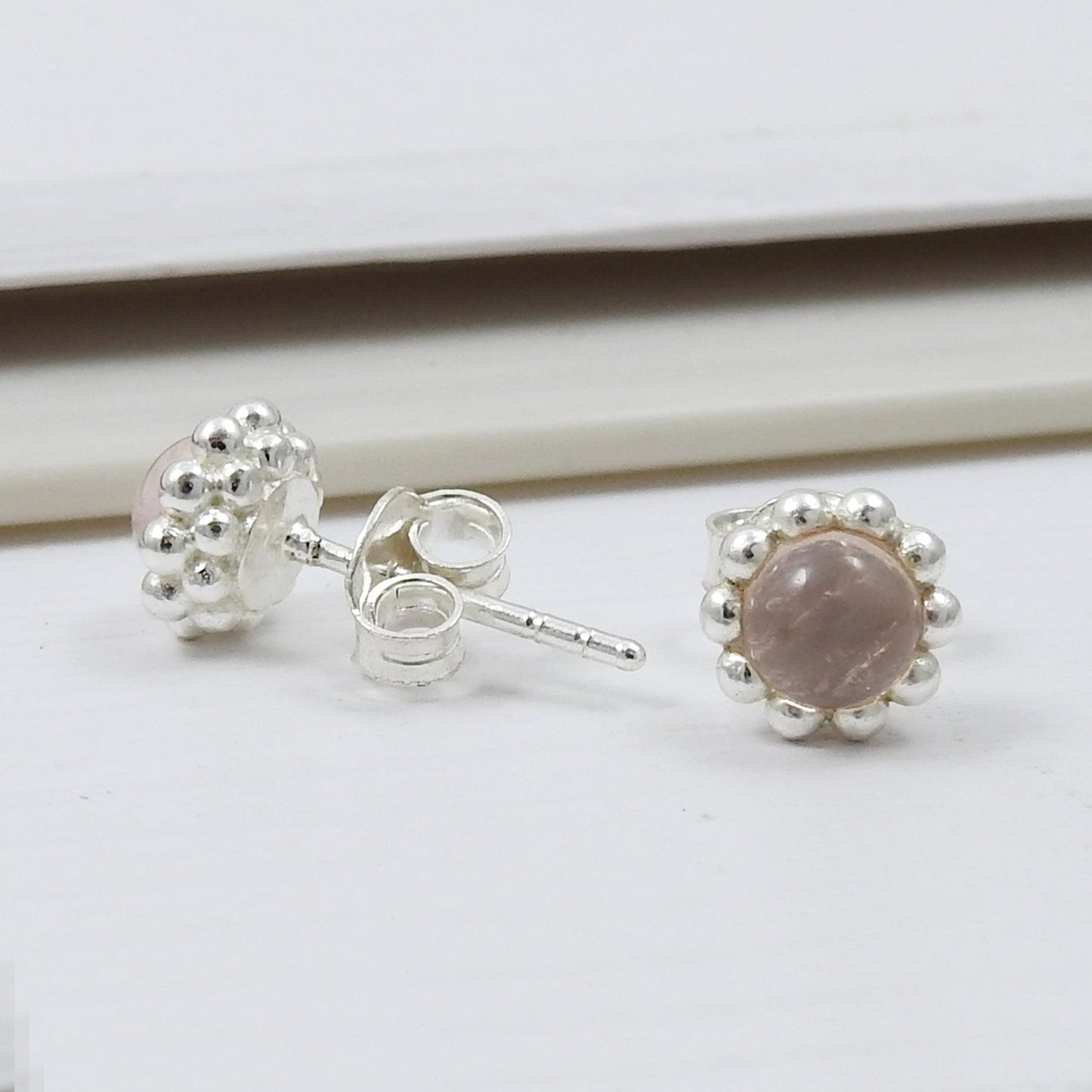 Natural Rose Quartz Gemstone 925 Sterling Silver Minimalist Stud Earrings