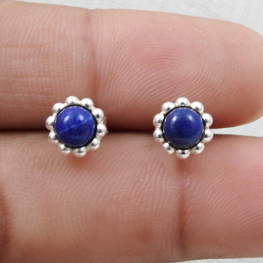 Natural Lapis Lazuli Gemstone 925 Sterling Silver Minimalist Stud Earrings