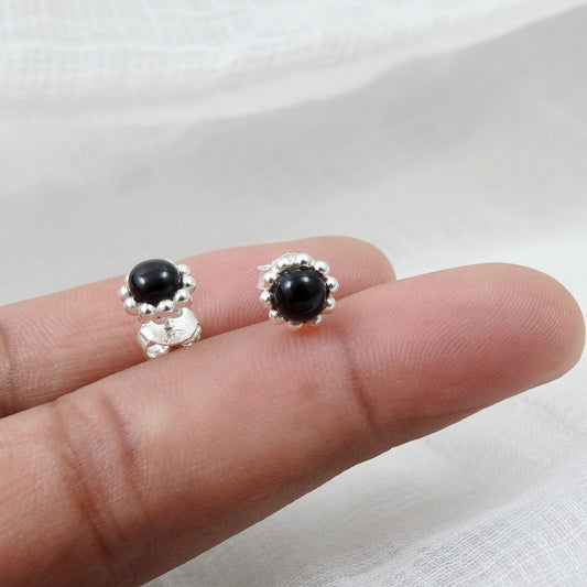 Natural Black Onyx Gemstone 925 Sterling Silver Minimalist Stud Earrings