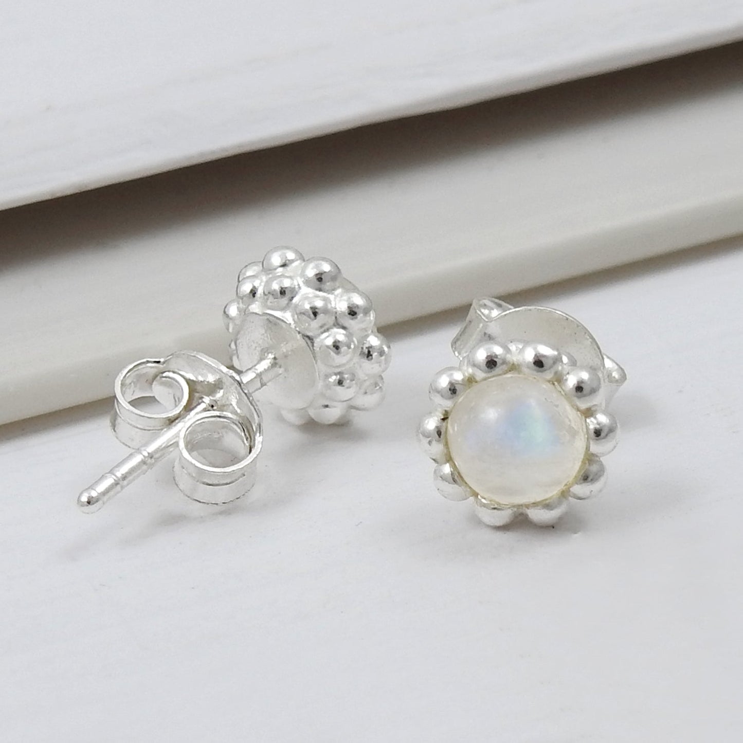 Natural Rainbow Moonstone 925 Sterling Silver Minimalist Stud Earrings