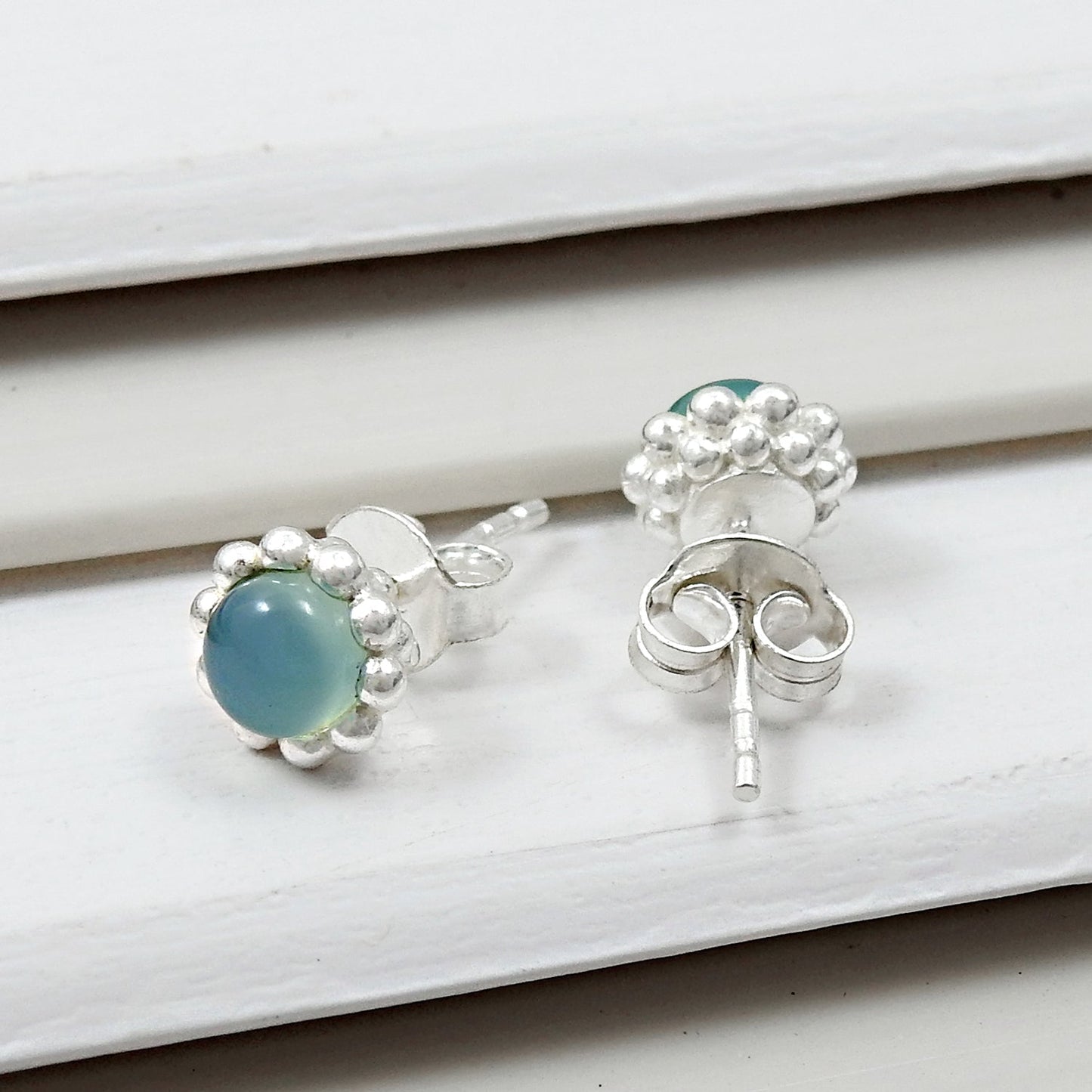 Natural Chalcedony Gemstone 925 Sterling Silver Minimalist Stud Earrings