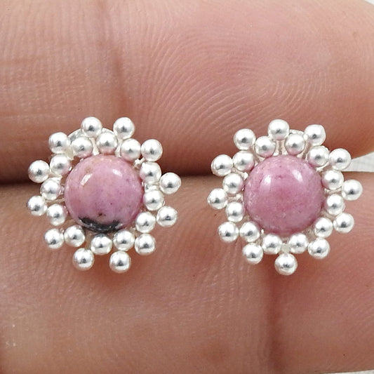 Natural Rhodochrosite 925 Sterling Silver Flower Stud Earrings