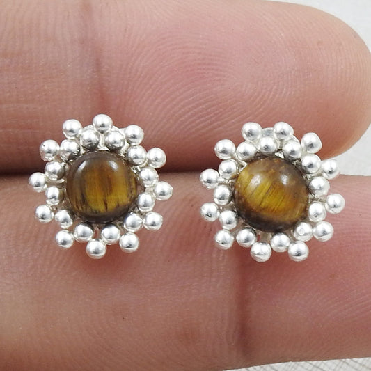 Natural Tiger Eye 925 Sterling Silver Flower Stud Earrings