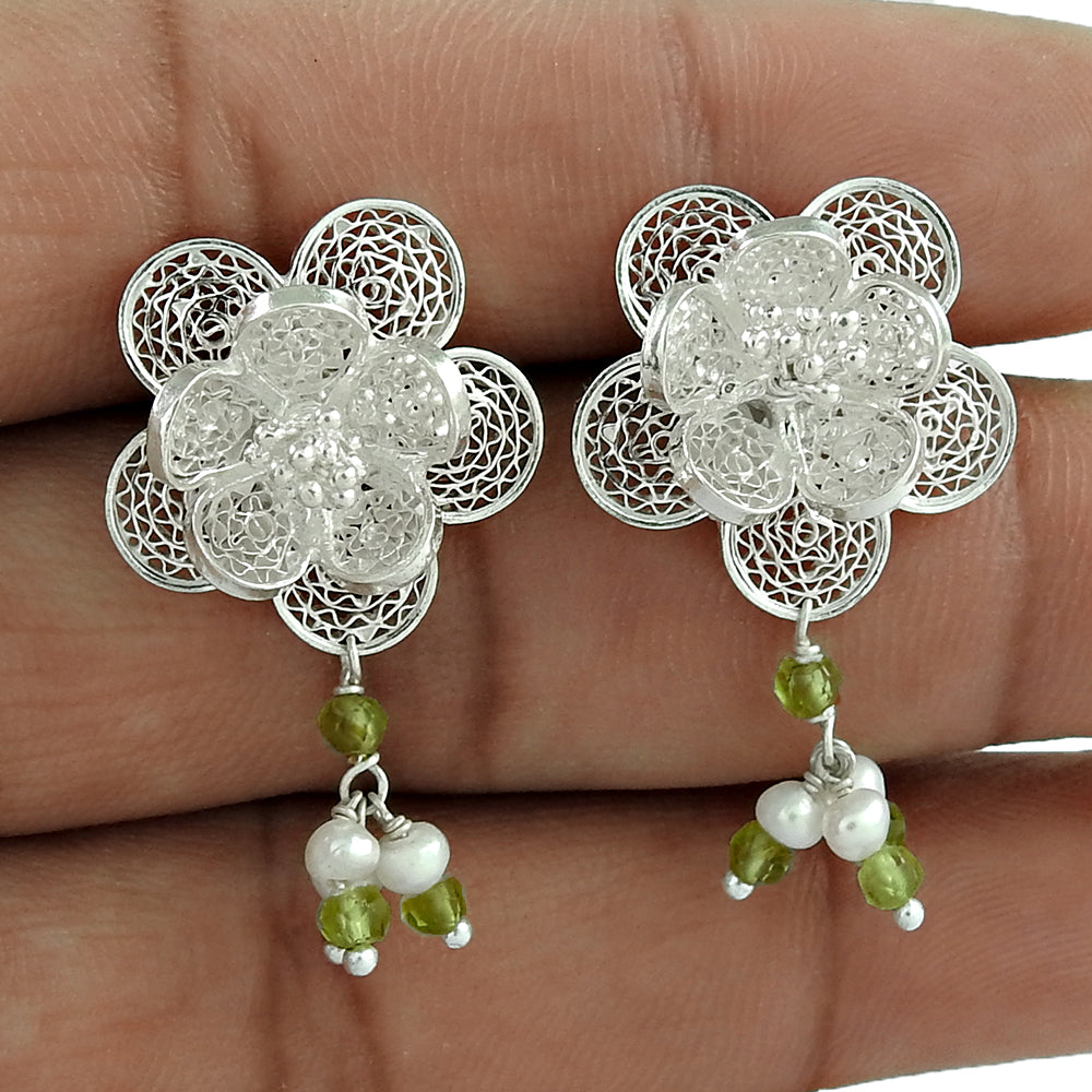 Oval Natural Prehnite Pearl Anniversary Gift Earrings 925 Sterling Silver