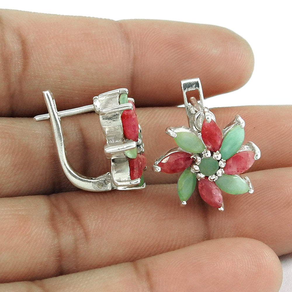 Solid 925 Silver Emerald Ruby Gemstone Earrings Handmade Jewelry