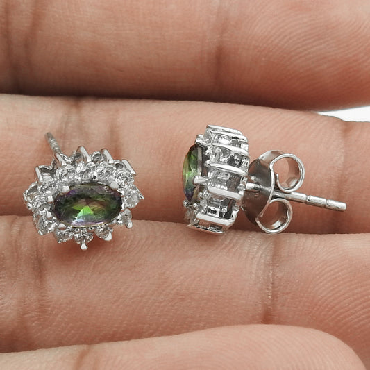 Gift For Her Natural Mystic Topaz Stud Rhodium Plated Earrings 925 Silver B28
