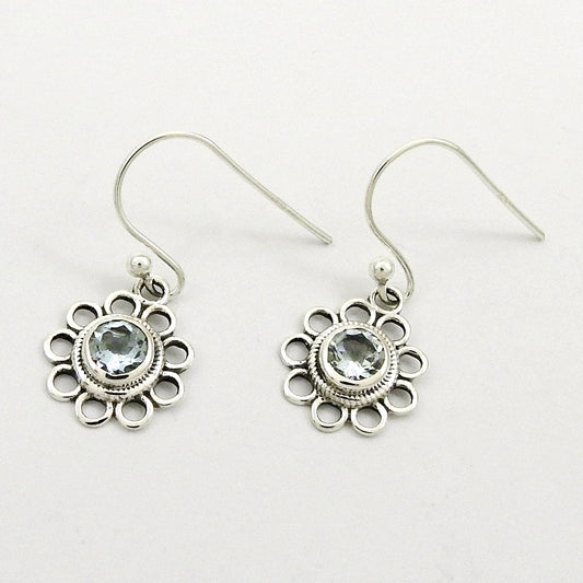 Natural Blue Topaz Gemstone 925 Silver Drop Dangle Flower Earrings For Women T30