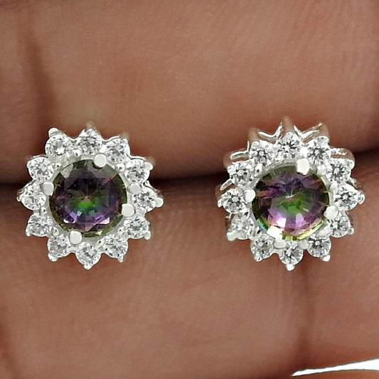 Gift For Her Natural Mystic Topaz Stud Rhodium Plated Earrings 925 Silver R7