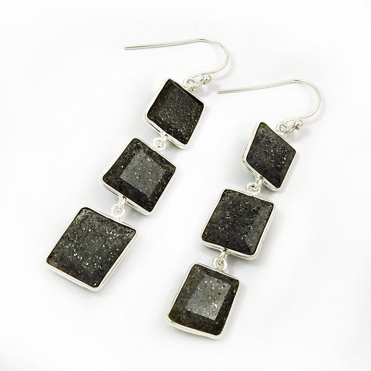 Black Sunstone Earrings Solid 925 Sterling Silver Jewelry