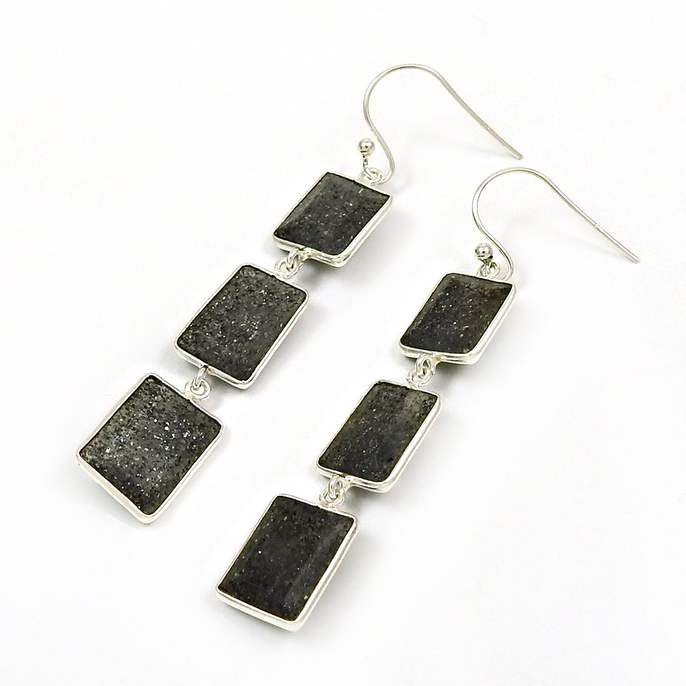 Solid 925 Silver Natural Black Sunstone Earrings