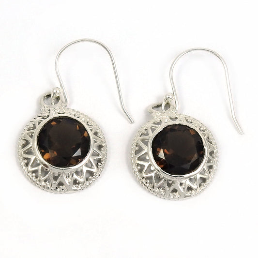 Woman Gift 925 Silver Natural Smoky Quartz Drop Dangle Ethnic Earrings A18