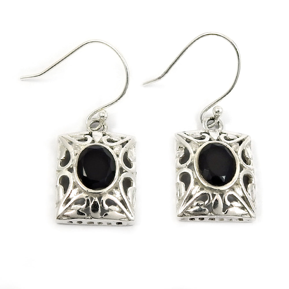 Woman Gift 925 Silver Natural Black Onyx Gemstone Dangle Bohemian Earrings F18