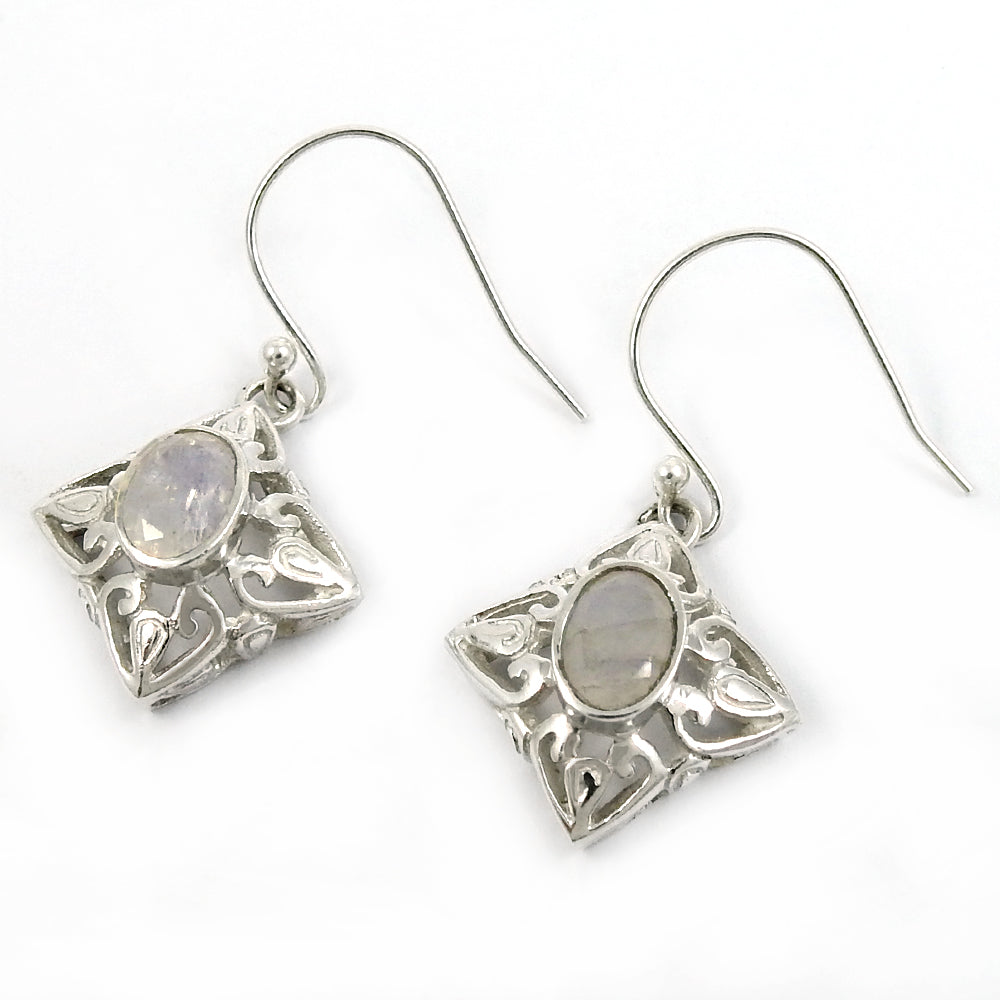 Natural Rainbow Moonstone Drop Dangle Vintage Earrings 925 Silver O18