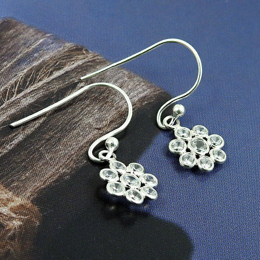 925 Sterling Silver Natural Cubic Zirconia Bezel Boho Hook New Dangling Earrings