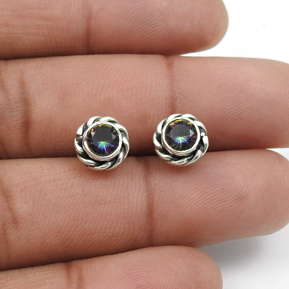 Natural Mystic Topaz Engagement Bezel Stud Handcrafted Boho Earrings 925 Silver