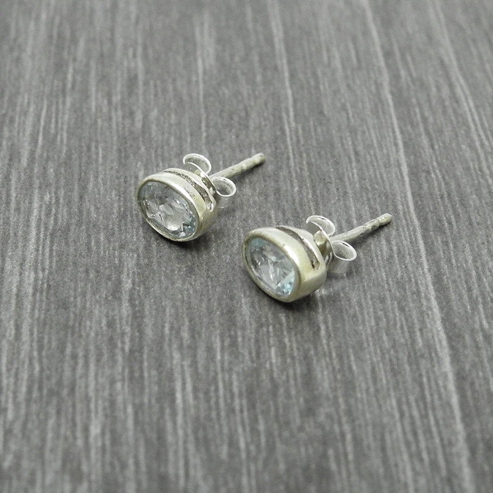 Sterling Silver Oval Natural Blue Topaz Wedding Stud Artisan Bezel Boho Earrings