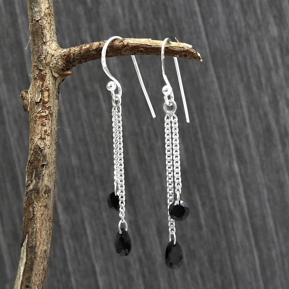 Black Cz Gemstone Sterling Silver Bezel Dangle Drop Best Sisters Gift Earrings