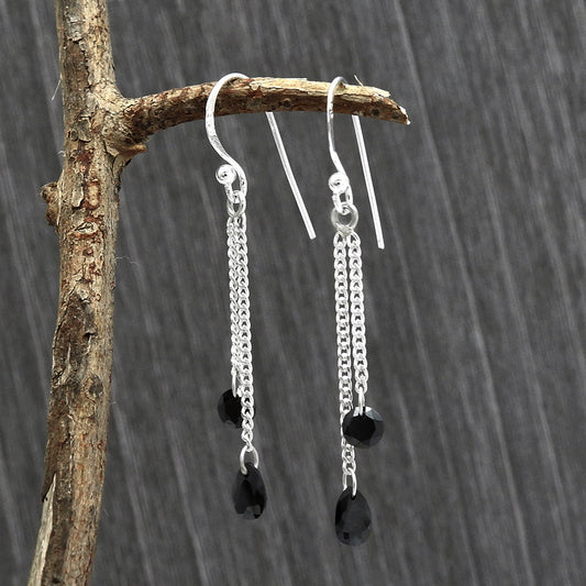 Black Cz Gemstone Sterling Silver Bezel Dangle Drop Best Sisters Gift Earrings
