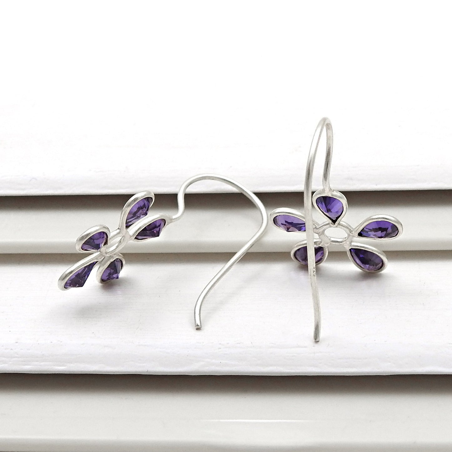 Solid 925 Silver Natural Amethyst Gemstone Flower Earrings