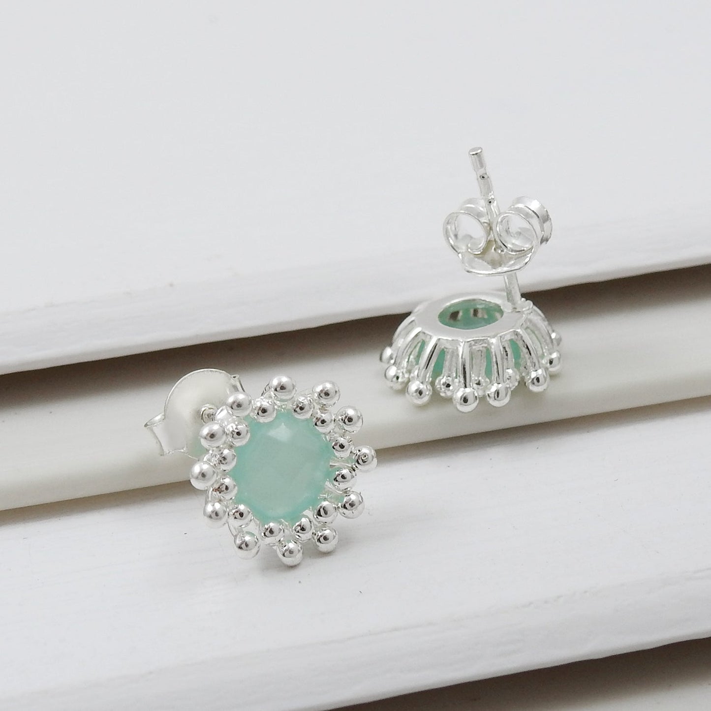 Blue Chalcedony Gemstone 925 Sterling Silver Handmade Stud Earrings