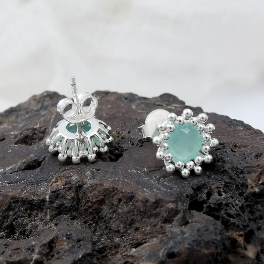 Blue Chalcedony Gemstone 925 Sterling Silver Handmade Stud Earrings