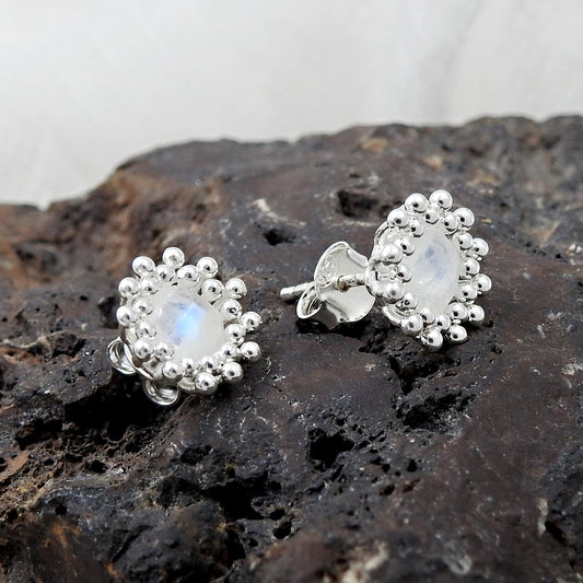 Rainbow Moonstone Sterling Silver Minimalist Stud Earrings