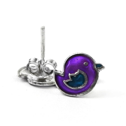 925 Sterling Silver Purple Enamel Bird Design Stud Earrings