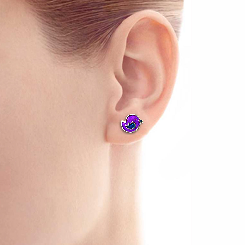 925 Sterling Silver Purple Enamel Bird Design Stud Earrings
