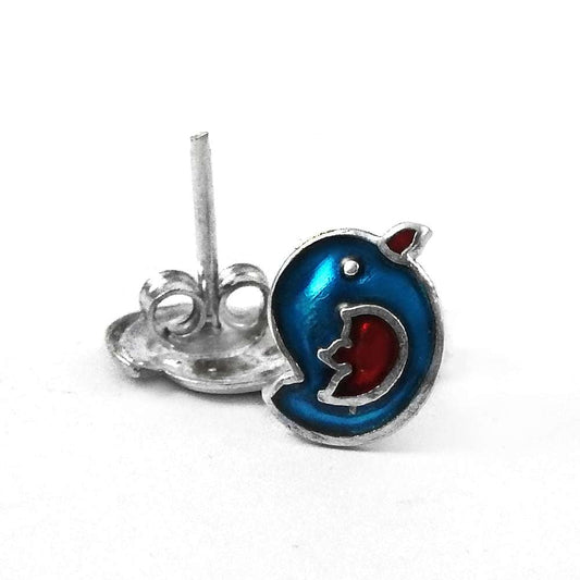 925 Sterling Silver Blue Enamel Bird Design Stud Earrings