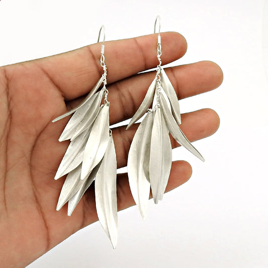 Solid 925 Sterling Silver Leaves Dangle Earrings