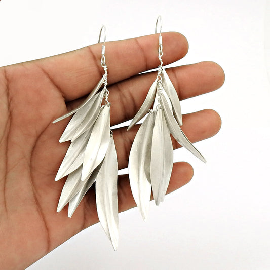 Solid 925 Sterling Silver Leaves Dangle Earrings