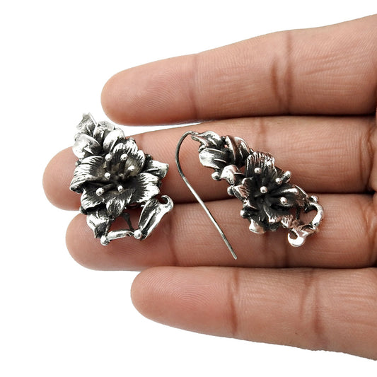 Solid 925 Oxidized Silver Flower Dangle Earrings