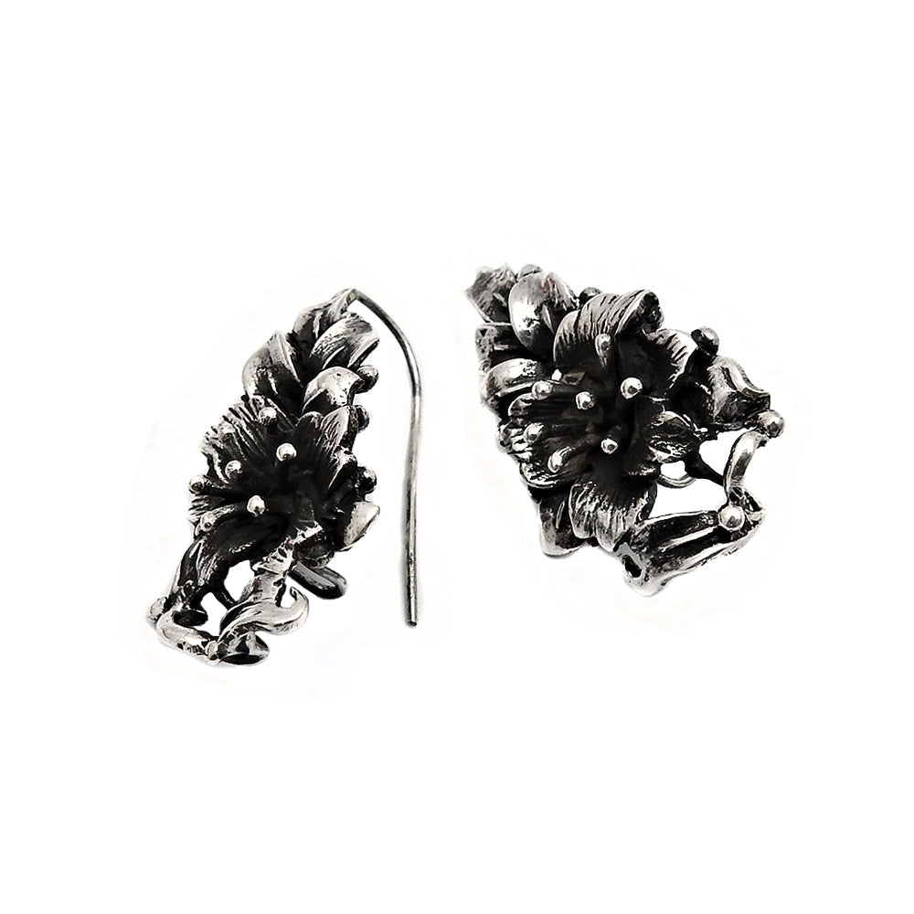 Solid 925 Oxidized Silver Flower Dangle Earrings