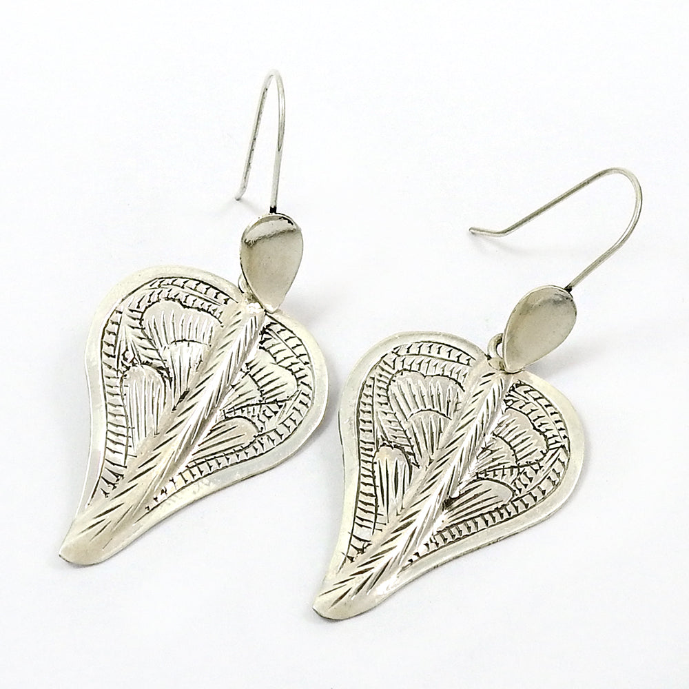 Solid 925 Silver Engraved Flower Dangle Earrings