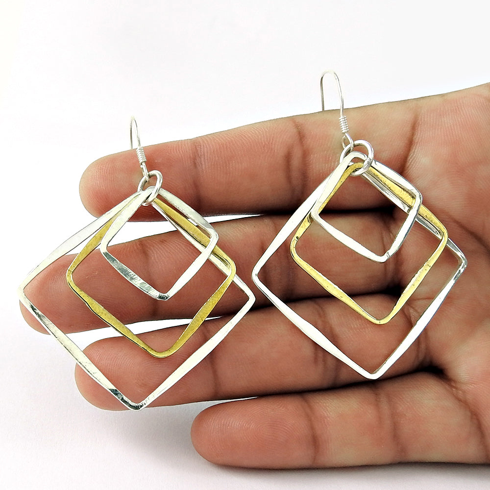 Two Tone Silver and Gold Square Dangling Earrings