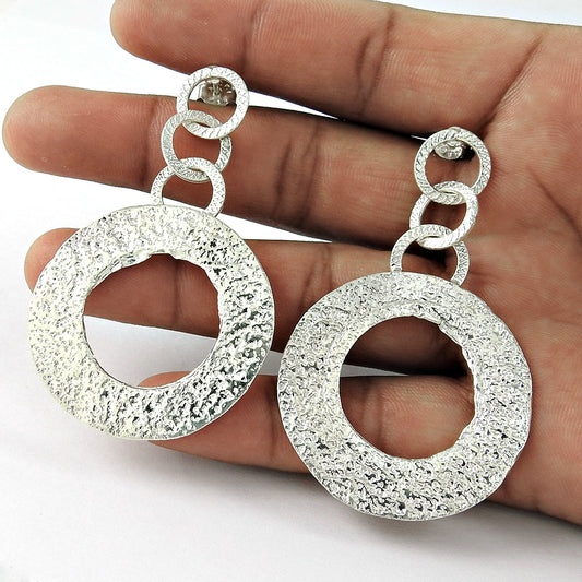 Solid 925 Silver Trendy Hammered Earrings