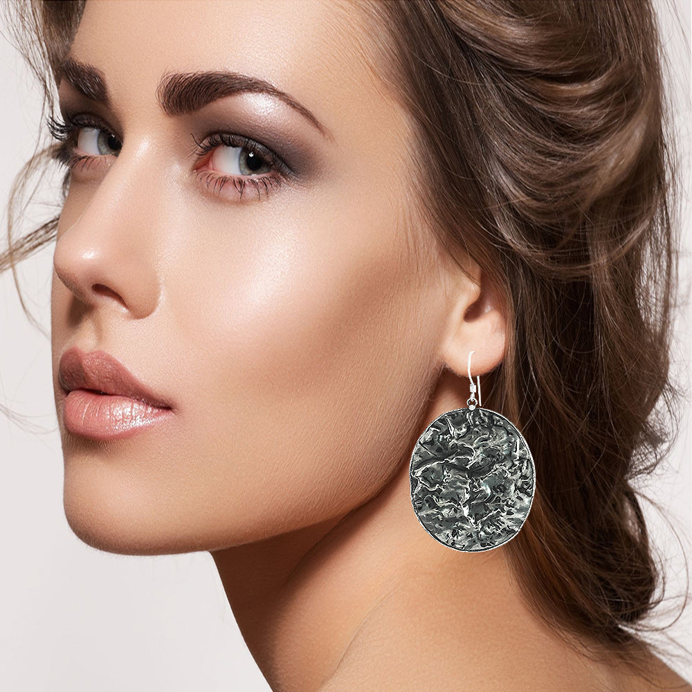 Oxidized 925 Silver Hammered Dangle Earrings