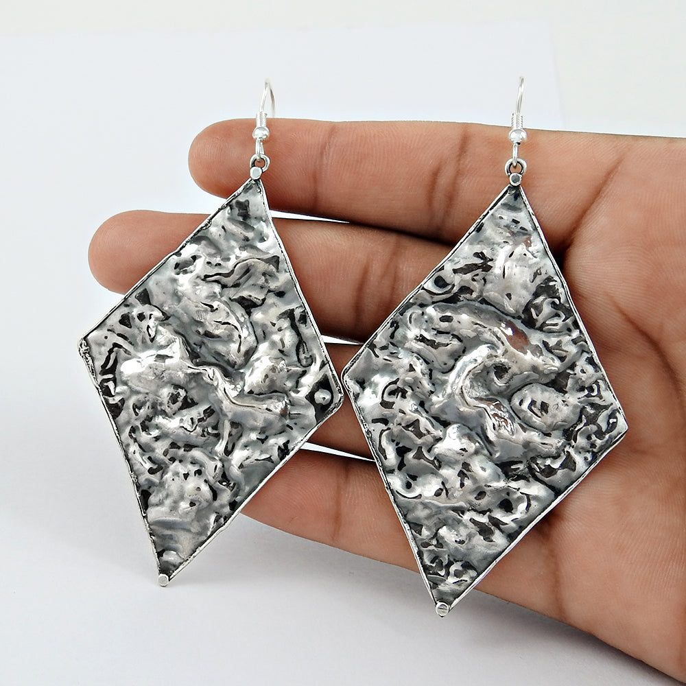 Oxidized 925 Silver Hammered Dangle Earrings For Her