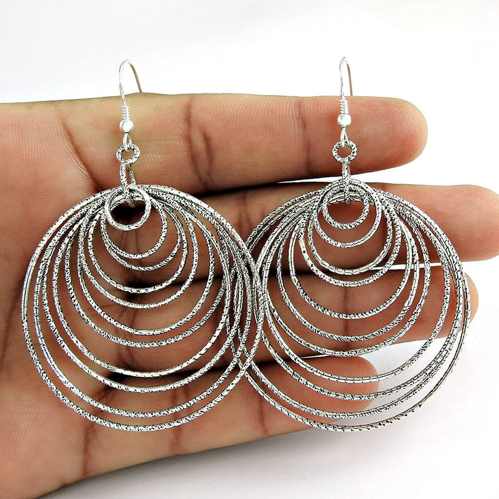 Solid 925 Sterling Silver Round Dangle Earrings
