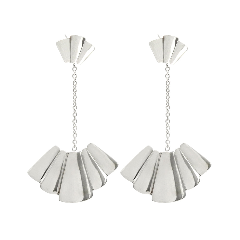 Japanese Fans 925 Sterling Silver Long Dangler Drop Earrings
