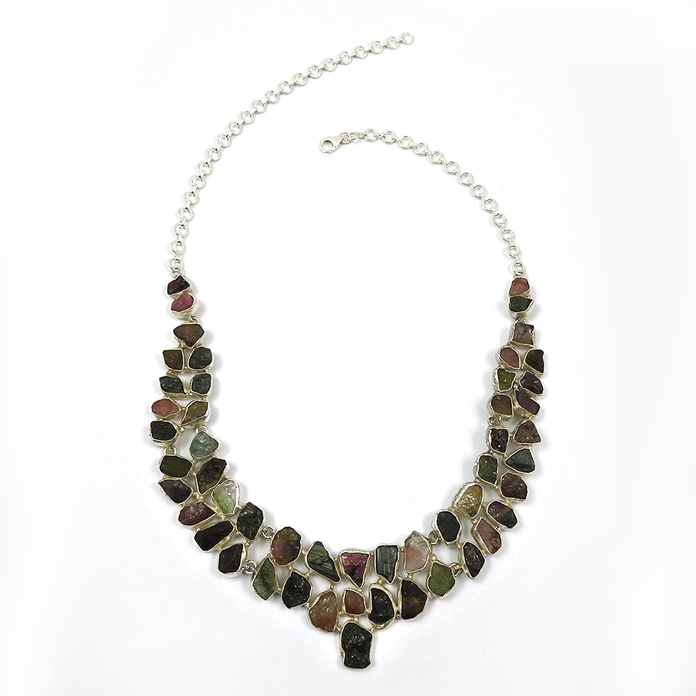 Natural Tourmaline Gemstone 925 Silver Cluster Rough Stone Necklace For Girls O1