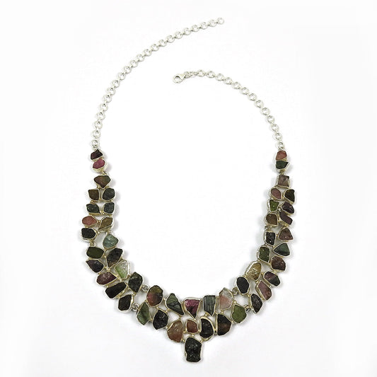 Natural Tourmaline Gemstone 925 Silver Cluster Rough Stone Necklace For Girls O1